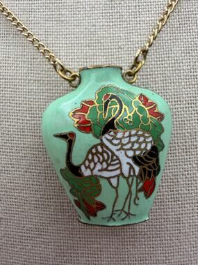1970s Cloisonne Crane Snuff Bottle Pendant Necklace Mint Green Enamel
